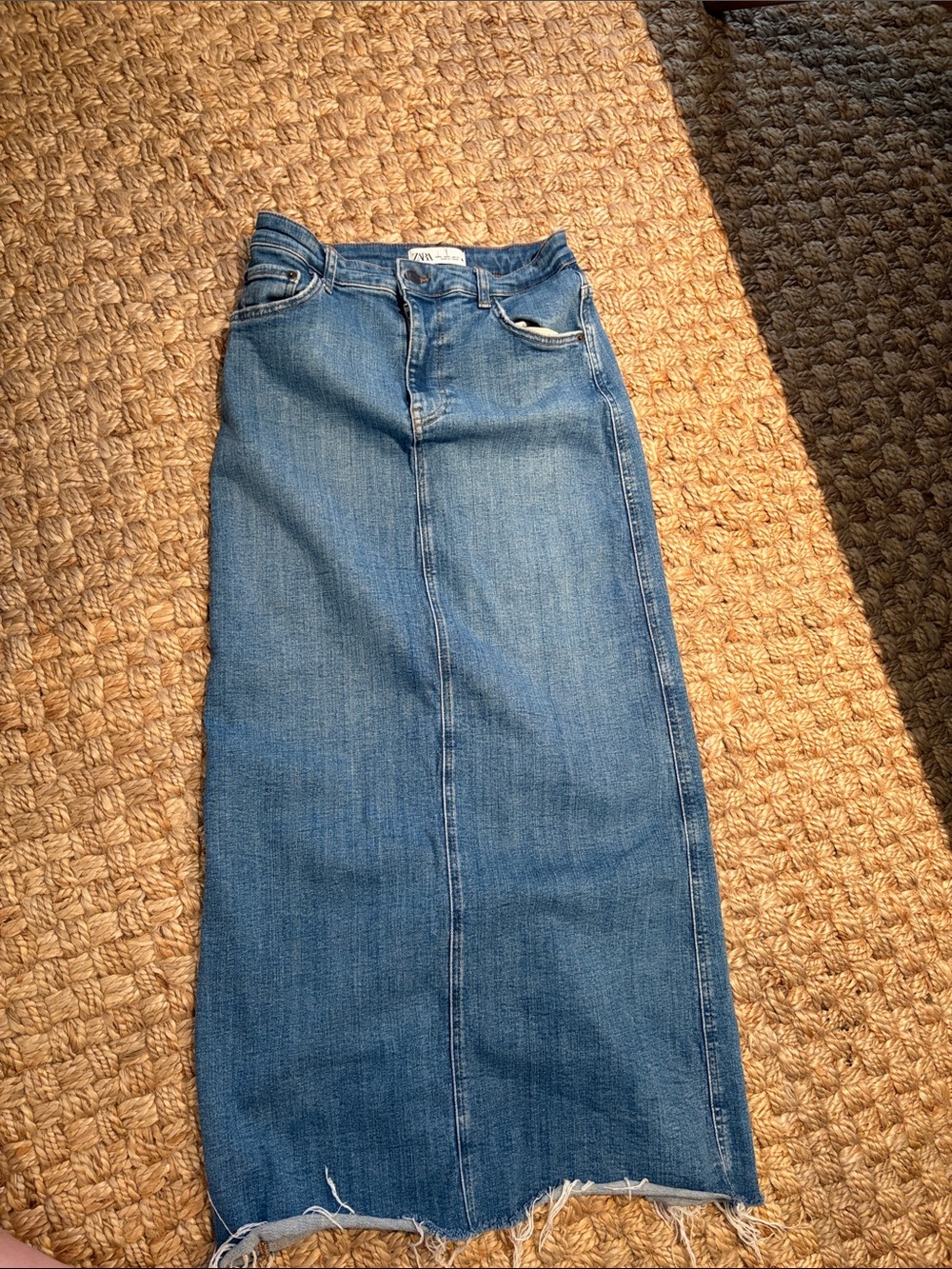 Zara Blue Denim Maxi Skirt Raw Hem Back Slit Medium Wash